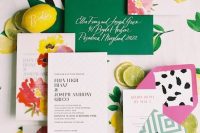 38 a bright wedding invitation suite with a hot pink and a green envelope, watercolor florals, a chevron piece for a fun look