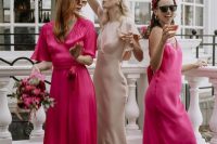 38 mismatching bright pink maxi bridesmaid dresses are a nice solution for a bold wedding with pinks