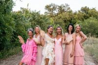 40 mismatching short and maxi pink bridesmaid dresses with various kinds of detailing and silhouettes