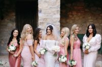 41 mismatching pale pink, light pink maxi and midi bridesmaid dresses with various kinds of detailing and silhouettes