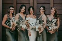 43 satin midi strap A-line bridesmaid dresses and mismatching shoes for a gorgeous bridal party look