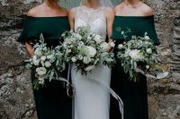 45 hunter green off the shoulder midi bridesmaid dresses and silver shoes plus green and white wedding bouquets