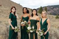 46 lovely mismatching hunter green bridesmaid dresses and pretty white and green bouquets are adorable and chic