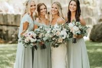 47 lovely sage green maxi bridesmaid dresses with mismatching necklines are amazing for a spring or summer wedding