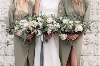 48 matching long sleeve sage green wrap bridesmaid dresses and a plain modern wedding dress for the bride