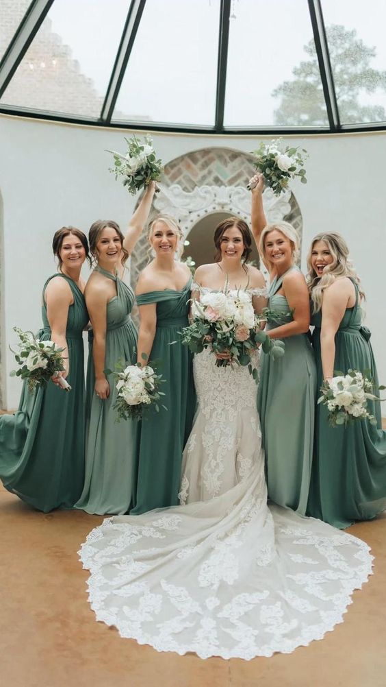 lovely green and light green draped maxi bridesmaid dresses are perfect for a spring or summer wedding