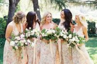 52 subtle mismatched watercolor floral print bridesmaids’ dresses with various cuts and necklines for a spring wedding