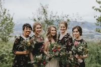 55 mismatching dark floral bridesmaids’ dresses of various lengths and looks