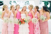57 mismatching pink midi and maxi bridesmaid dresses including ruffle, lace and floral print ones