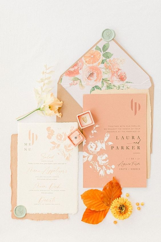 a beautiful summer wedding invitation suite with floral and fruit prints, greenery and calligraphy is a cool idea