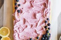 a lemon sheet wedding cake with blueberry frosting is a delicious solution for a small wedding