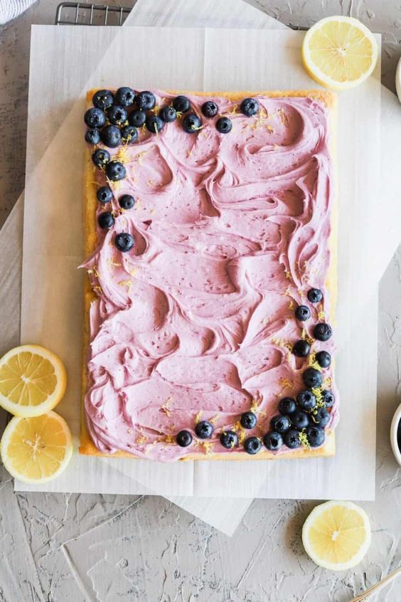 a lemon sheet wedding cake with blueberry frosting is a delicious solution for a small wedding