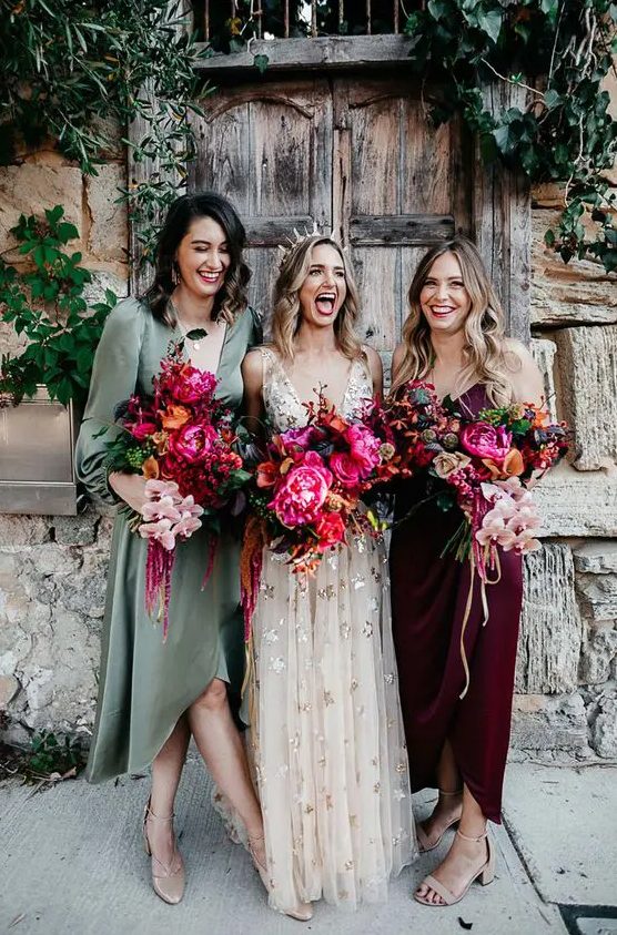 an olive green midi dress with long sleeves, a burgundy midi dress and nude shoes for a boho wedding