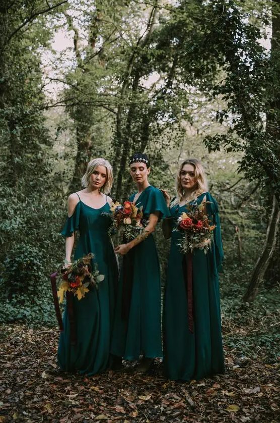 beautiful and inspiring mismatching green maxi bridesmaid dresses are always a good idea for a fall or summer wedding