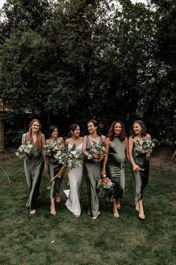 beautiful and stylish modern mismatching green maxi and midi bridesmaid dresses are great for a modern wedding