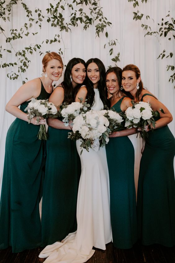 beautiful dark green mismatching maxi bridesmaid dresses are a chic idea for summer and fall weddings