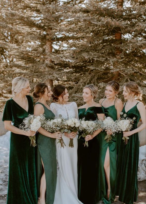 beautiful mix and matching green bridesmaid dresses are amazing for a winter or fall wedding