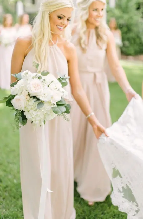 blush maxi halter neckline bridesmaid dresses are awesome for spring and summer weddings