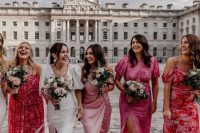 bright pink and red floral and plain midi bridesmaid dresses are amazing for a pink and floral wedding in spring or summer