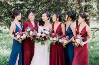 burgundy and navy maxi dresses with thick straps to spruce up the wedding color scheme
