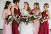 burgundy and pink maxi bridesmaid dresses are mismatching and very bright, great for a pink and burgundy wedding