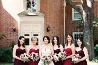 burgundy and ruby red strapless maxi dresses for a truly fall feel at your wedding