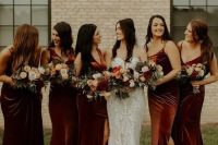 burgundy velvet maxi bridesmaid dresses with spaghetti and thick straps and side slits for a cozy fall wedding
