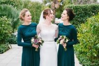 chic emerald draped bridesmaids’ dresses with long sleeves for a modest look at a winter wedding