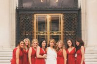 classic maxi red bridesmaid dresses with v-necklines and pleated skirts are always a good idea for a winter wedding