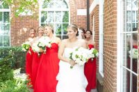 classic strapless maxi bridesmaid gowns with pleated skirts are a fantastic color statement at the wedding