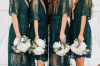 dark green lace over the knee and maxi bridesmaid dresses with short sleeves and nude shoes are amazing