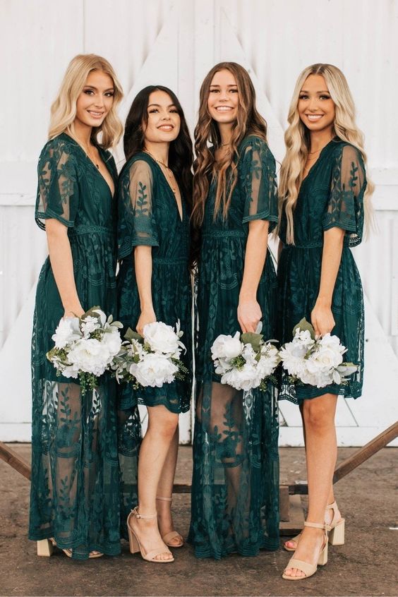 dark green lace over the knee and maxi bridesmaid dresses with short sleeves and nude shoes are amazing