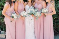 delicate maxi blush bridesmaid dresses with draping and pleated skirts are amazing for a spring or summer wedding