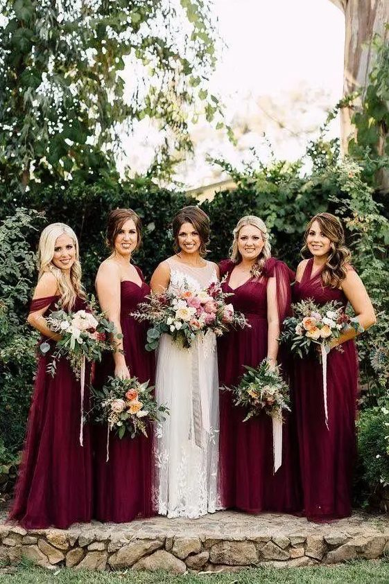 elegant burgundy maxi gowns with different necklines to higlight the style fo each girl
