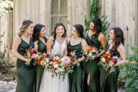 elegant dark green satin slip maxi bridesmaid dresses with slits are a chic idea for a summer or fall wedding