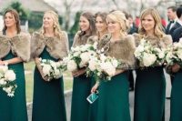 emerald bridesmaid maxi dresses and tan faux fur coverups for a chic and bold look