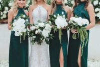 emerald halter neckline maxi dresses with a front slit for a chic green and white wedding