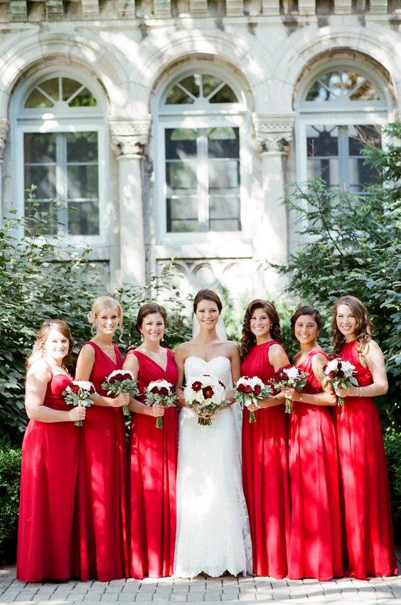 fab deep red mix and match bridesmaid maxi dresses are amazing for a red-infused wedding