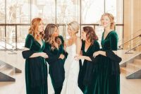 gorgeous emerald velvet maxi bridesmaid dresses with V-necklines and short sleeves look bold and chic
