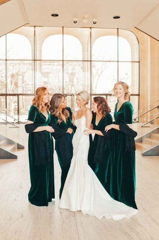 Gorgeous emerald velvet maxi bridesmaid dresses with V necklines and short sleeves look bold and chic
