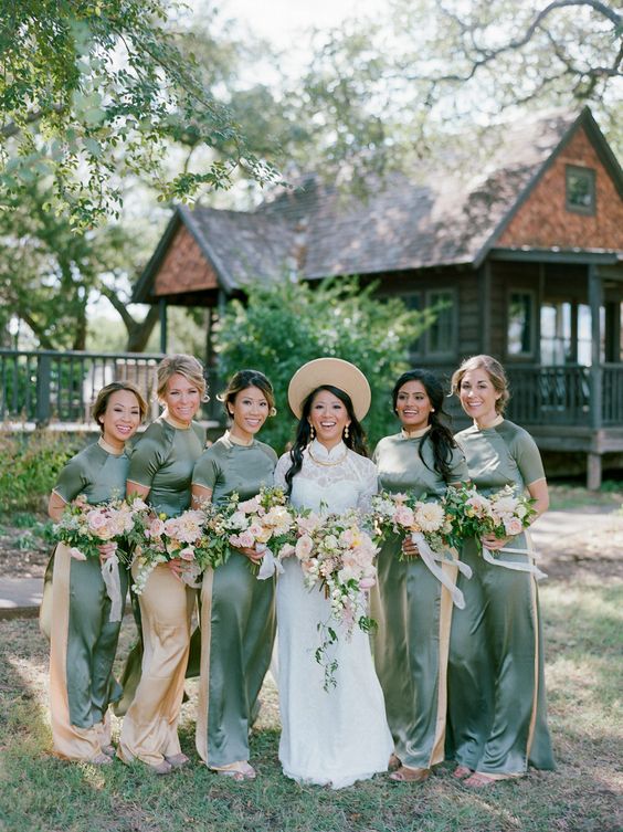 gorgeous light green sating maxi bridesmaid dresses with high necklines and short sleeves are amazing