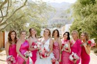 gorgeous mix and match hot pink maxi bridesmaid dresses are a cool idea for a colorful summer wedding