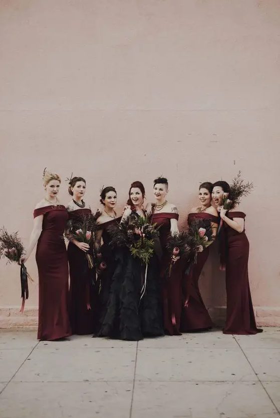 gorgeous off the shoulder brugundy sheath bridesmaid dresses and moody lips for an ultimate Halloween wedding