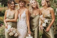 gorgeous sage green slip midi bridesmaid dresses are a great idea for a spring, summer or fall boho wedding