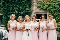 light pink one shoulder and strap maxi bridesmaid dresses with draped bodices and plated skirts are amazing