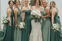 lovely green and light green draped maxi bridesmaid dresses are perfect for a spring or summer wedding