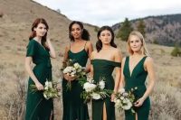 lovely mismatching hunter green bridesmaid dresses and pretty white and green bouquets are adorable and chic