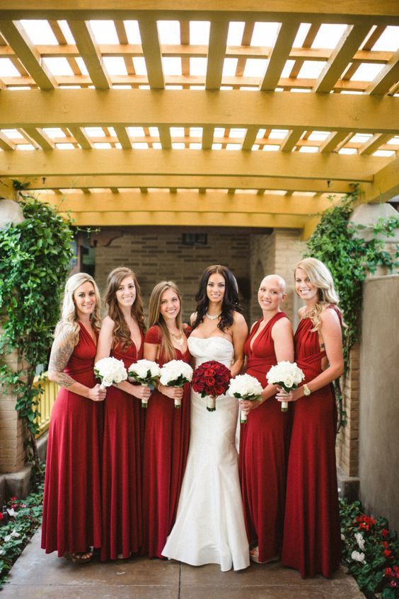 lovely mix and match deep red maxi bridesmaid dresses are a fantastic idea for a fall wedding with reds