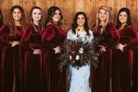 matching burgundy velvet maxi bridesmaid dresses with high necklines and long sleeves are great for a winter wedding