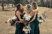 matching emerald midi bridesmaid dresses and black block heels are a cool solution for summer and fall